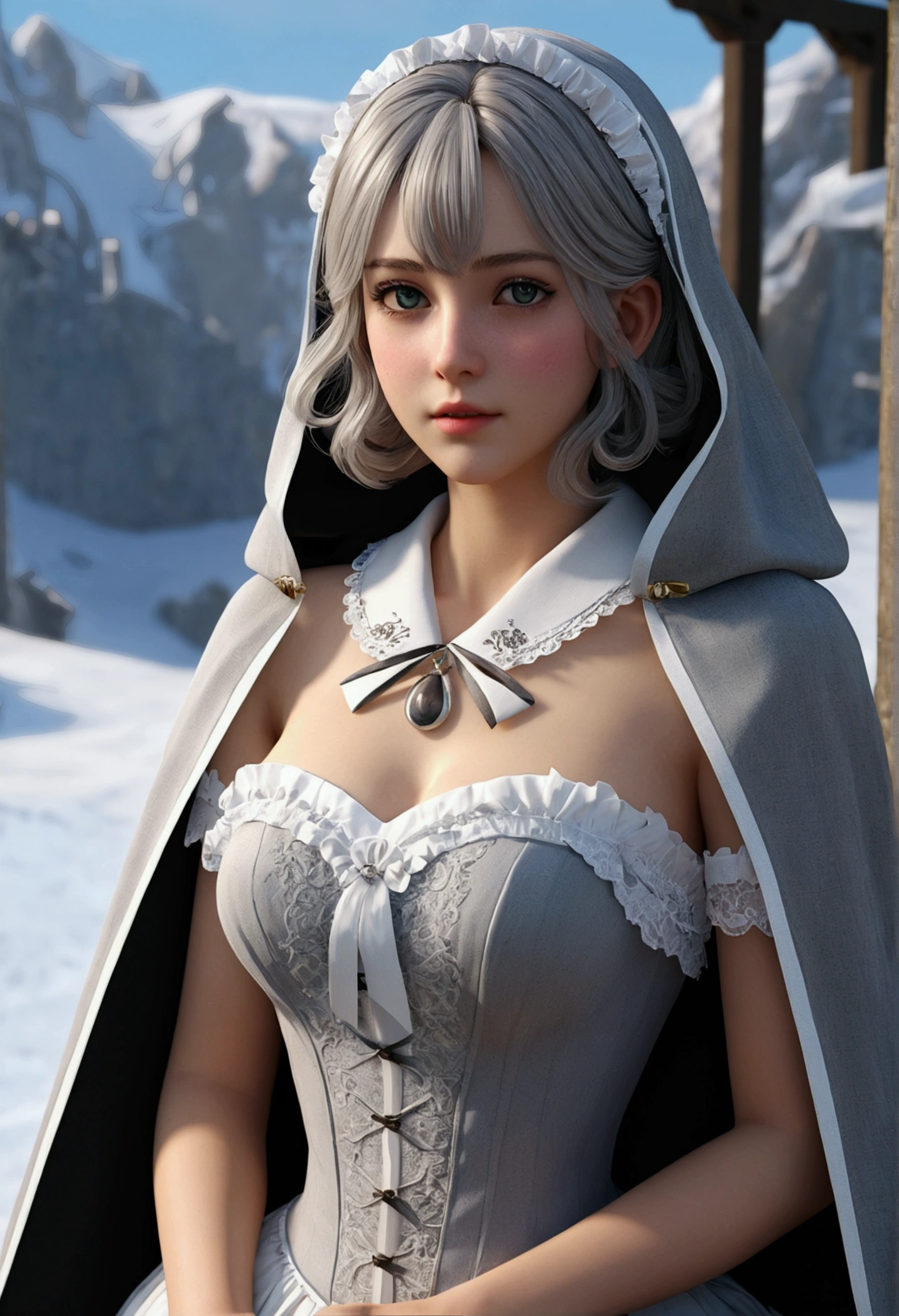 ((Highest quality)), ((masterpiece)), (detailed:1.4), 3d, Beautiful Woman Photos,Ray Tracing,NVIDIA,Super Resolution,Unreal 5,Scattered beneath the surface、PBR Textures、Post-processing、Anisotropic Filtering、Depth of written boundary、maximum definition、Sharpness、layered textures、Albedo and Specular Maps、Surface Shading、Accurate simulation of light-matter interactions, High resolution,(Lolita Costume), Beautiful Eyes, Gray Hair, The eyes are round, (Cape,Snowfield),((Roll up your skirt,Spread your legs:1.2)),