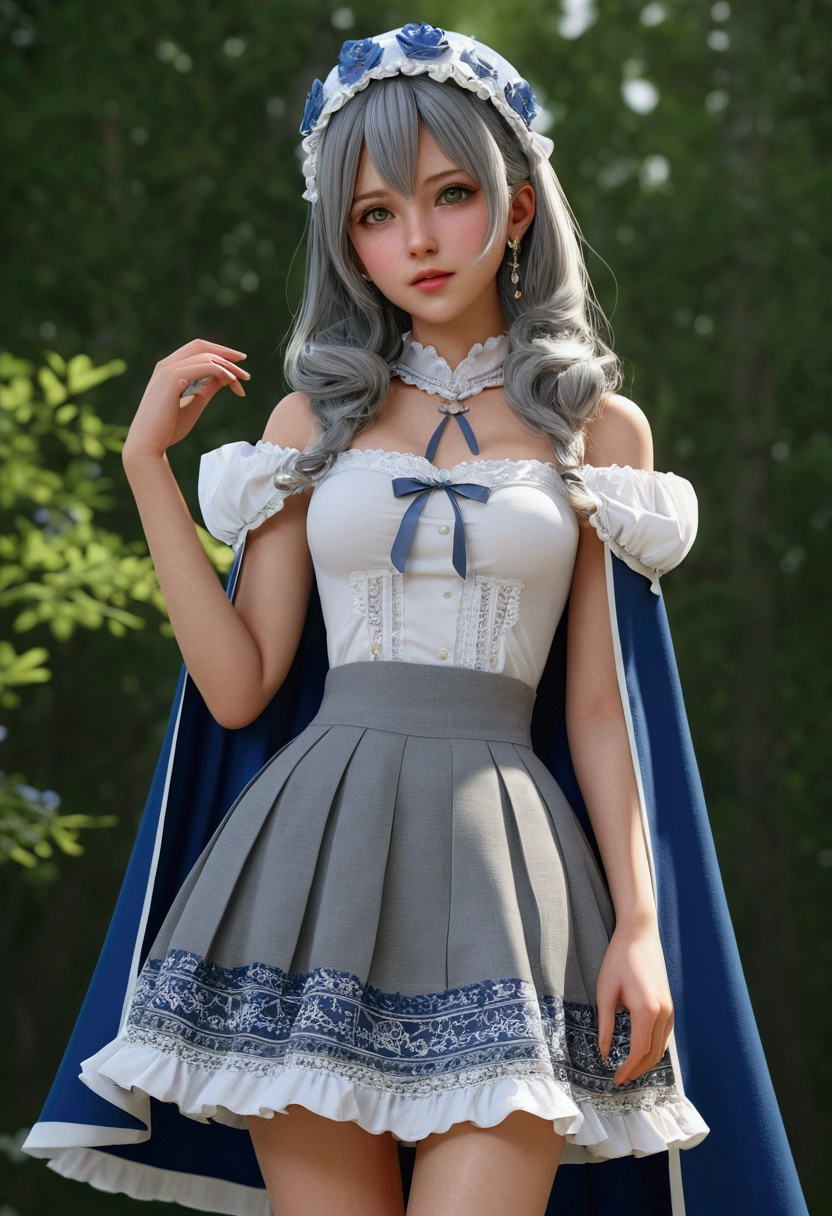 ((Highest quality)), ((masterpiece)), (detailed:1.4), 3d, Beautiful Woman Photos,Ray Tracing,NVIDIA,Super Resolution,Unreal 5,Scattered beneath the surface、PBR Textures、Post-processing、Anisotropic Filtering、Depth of written boundary、maximum definition、Sharpness、layered textures、Albedo and Specular Maps、Surface Shading、Accurate simulation of light-matter interactions, High resolution,(Lolita Costume), Beautiful Eyes, Gray Hair, The eyes are round, (Cape,Snowfield),((Roll up your skirt,Spread your legs:1.2)),