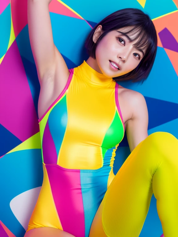 Best quality 8k resolution Ultra detailed Bright neon colored one piece swimsuit Serious facial expression Cute girl Abs Arms up Very short hair High waisted tights Flat chest Japanese Sharp focus Swimsuit Very short hair Sweating