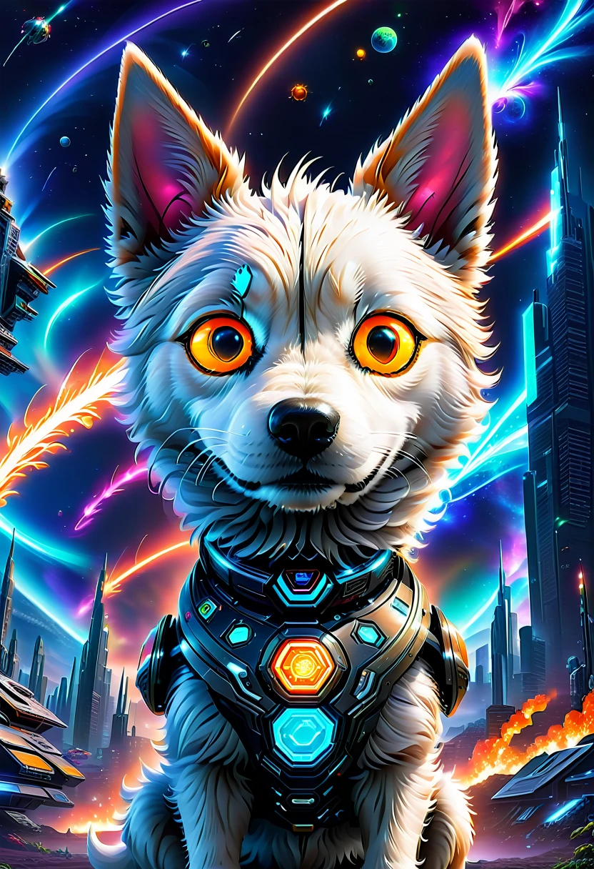 breathtaking sci-fi style concept art highly weaponized hyperrealistic adorable cyborg dog with bright glowing energy parts in a futuristic cyberpunk world . digital artwork, illustrative, painterly, matte painting, highly detailed . futuristic, technological, alien worlds, space themes, advanced civilizations . award-winning, professional, highly detailed