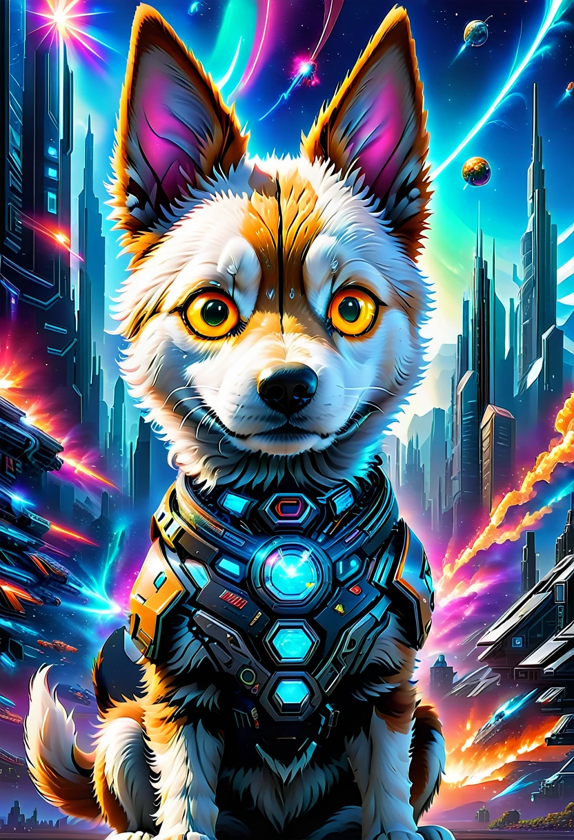 breathtaking sci-fi style concept art highly weaponized hyperrealistic adorable cyborg dog with bright glowing energy parts in a futuristic cyberpunk world . digital artwork, illustrative, painterly, matte painting, highly detailed . futuristic, technological, alien worlds, space themes, advanced civilizations . award-winning, professional, highly detailed