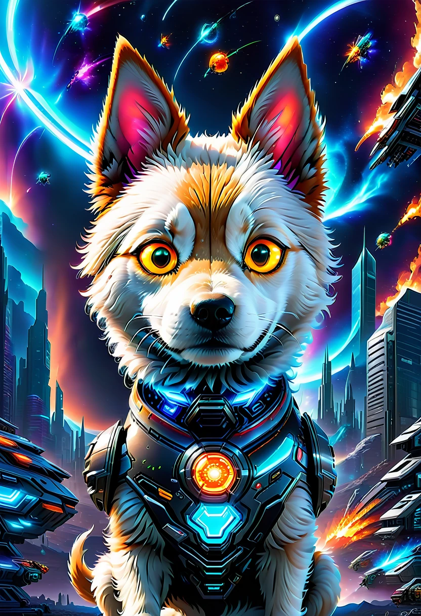 breathtaking sci-fi style concept art highly weaponized hyperrealistic adorable cyborg dog with bright glowing energy parts in a futuristic cyberpunk world . digital artwork, illustrative, painterly, matte painting, highly detailed . futuristic, technological, alien worlds, space themes, advanced civilizations . award-winning, professional, highly detailed