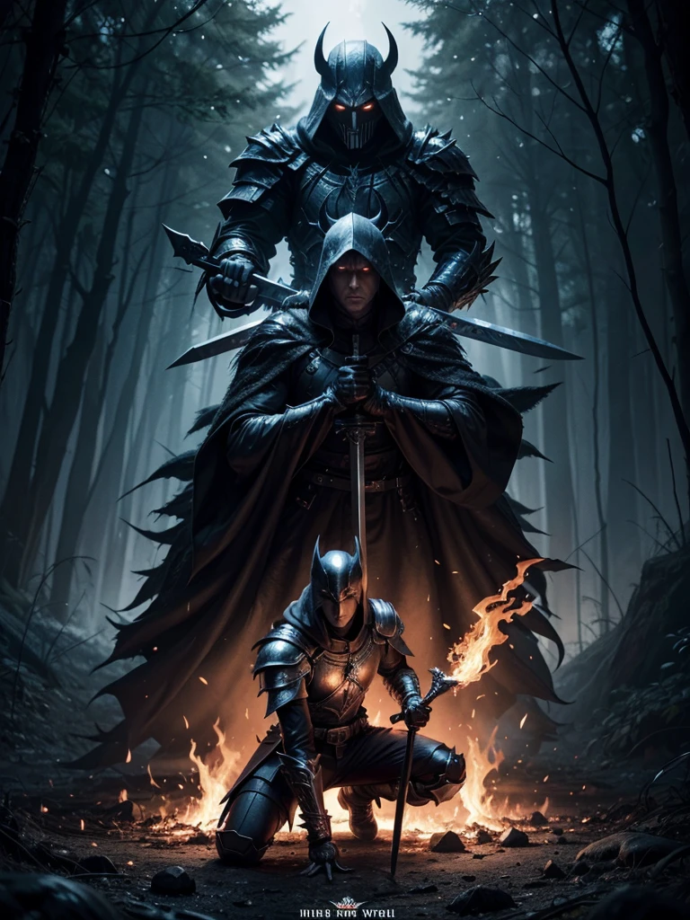 heavy metal album cover. wielding swords. hielo versus fire. a single hooded dark knight. forest sinister glory. fire. good and evil. turn