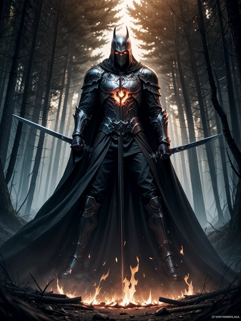 heavy metal album cover. wielding swords. hielo versus fire. a single hooded dark knight. forest sinister glory. fire. good and evil. turn