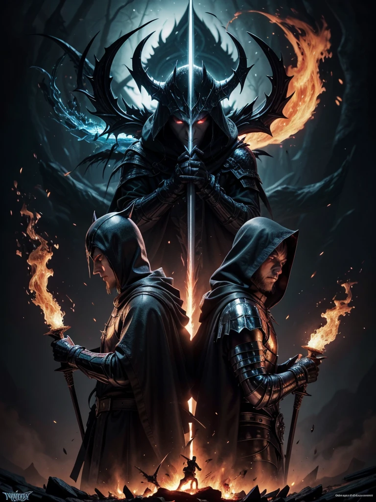 heavy metal album cover.  wielding swords. hielo versus fire. a single hooded dark knight. forest sinister glory. fire. good and evil. turn