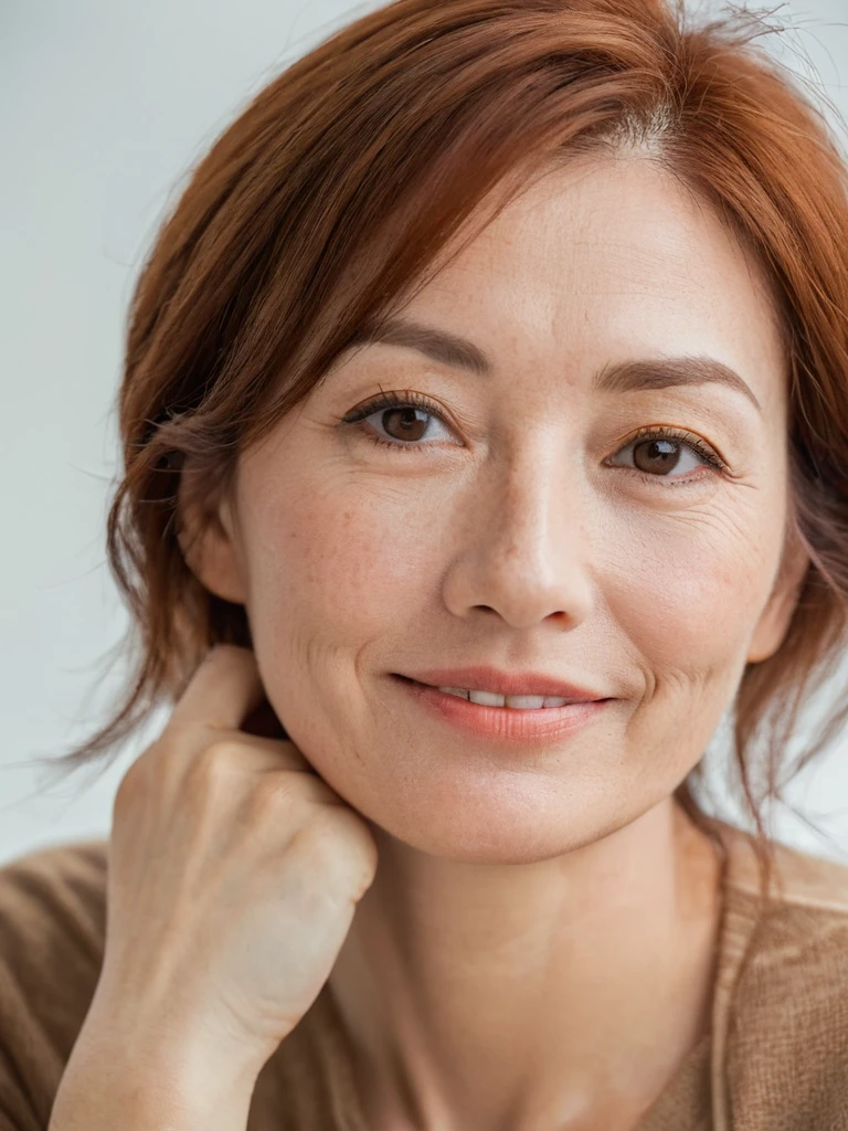 Muchen,CN Girl,A woman around 42 years old,Redhead,Brown eyes,(Reduces freckles:0.6),relaxed and happy expression,Shy and calm,relaxed,Look into the room,Portrait Photography,Neutral background. Professional photographer style,Artistic photography. High resolution and extremely detailed,There are no flaws in the face,Small wrinkles caused by facial expressions become more noticeable. that&#39;Perfect,Featured Photo.,Longe