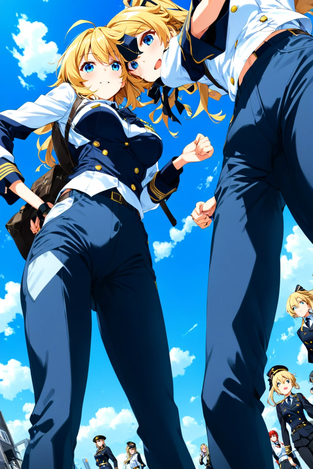 Anime Girls,Angle from below,pants,Blonde,ribbon,uniform