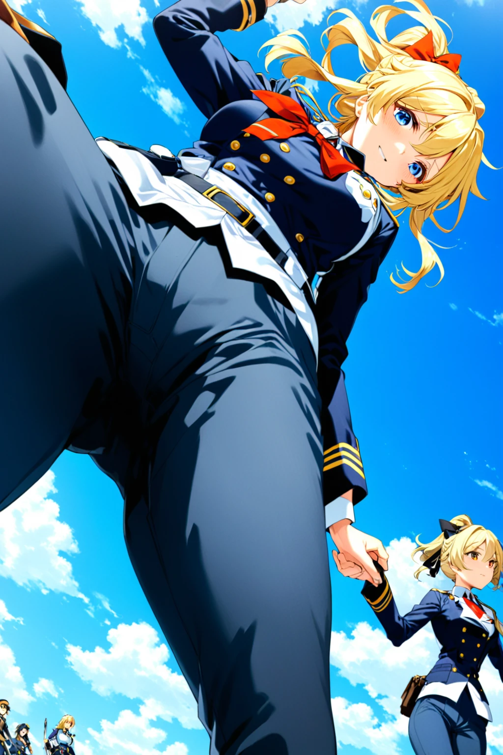 Anime Girls,Angle from below,pants,Blonde,ribbon,uniform