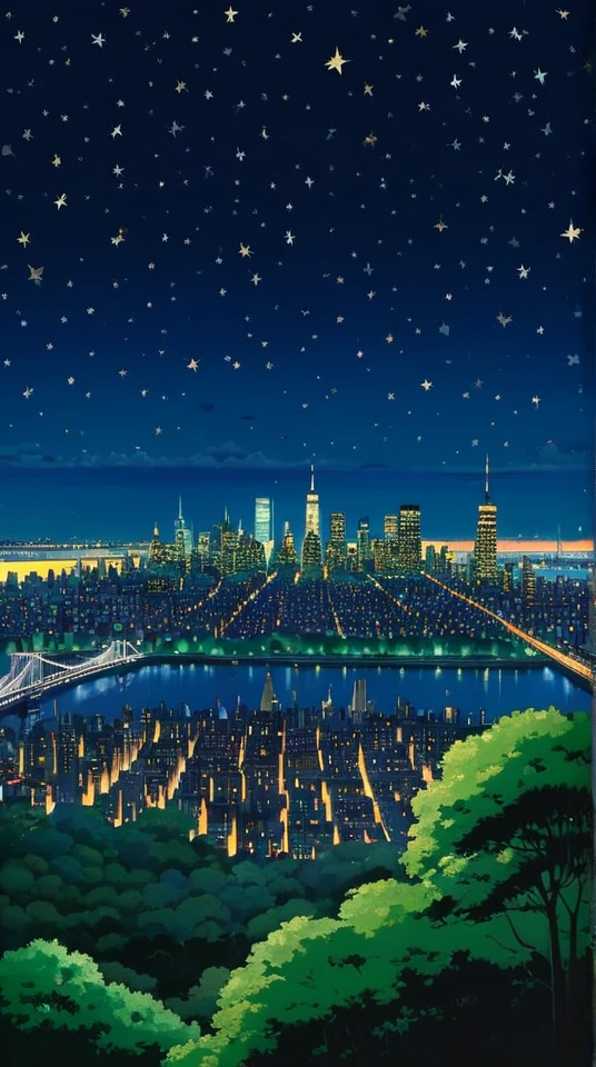 ghibli style, Hayao Miyazaki, A quiet and sparkling night view of New York. A wonderful night view from a hill in the distance, with the night sky visible at the same time.
