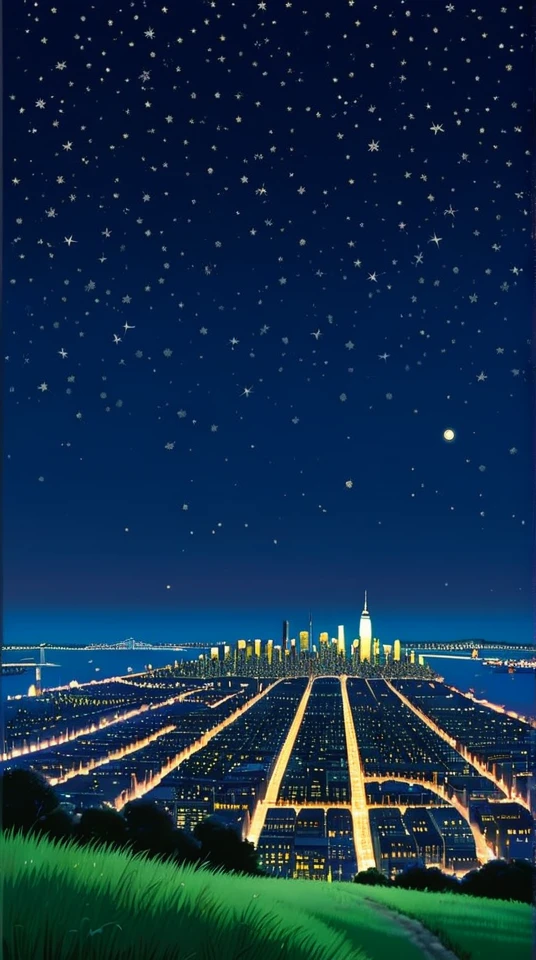 ghibli style, Hayao Miyazaki, A quiet and sparkling night view of New York. A wonderful night view from a hill in the distance, with the night sky visible at the same time.