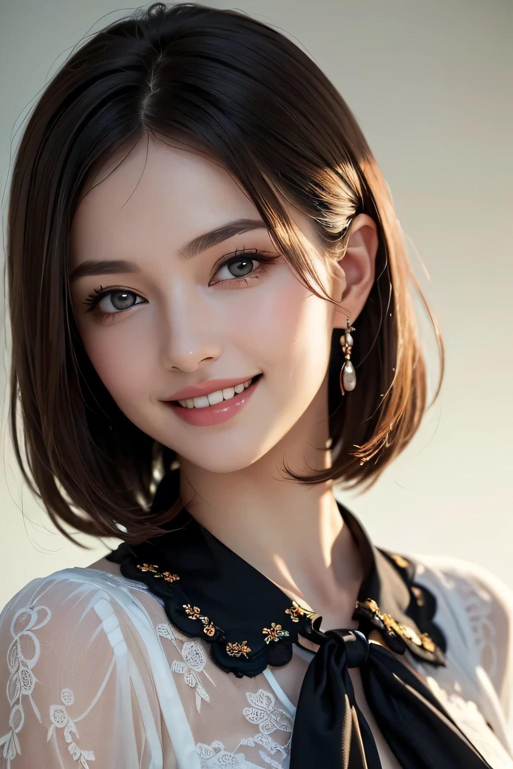 ((masterpiece)), ((Highest quality)), ((Complex)), ((Surreal)), (Realistic), (Mature Woman), ((There are no classes)), Very detailed, (1 female), Beautiful and exquisite, (Beautiful Teeth), Grin, Brunette bob hair, Brown eyes, ((blouse)), (Upper Body), (background:none), Perfect Eyes, Captivating eyes, Looking at the audience