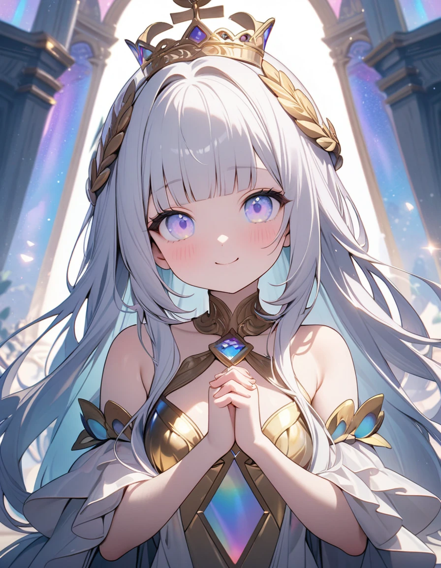 (8K, best quality, master piece: 1.2),super high resolution,1 girl is Aphrodite,18yo,solo,detailed cute face, pretty baby face, ultra cute kawaii, smile,detailed eyes,white hair,long hair,arched little crown,blunt bangs,(Aphrodite),Gold Dress,straight hair,(iridescent light:1.4),standing,praying hands,Palace of the Gods