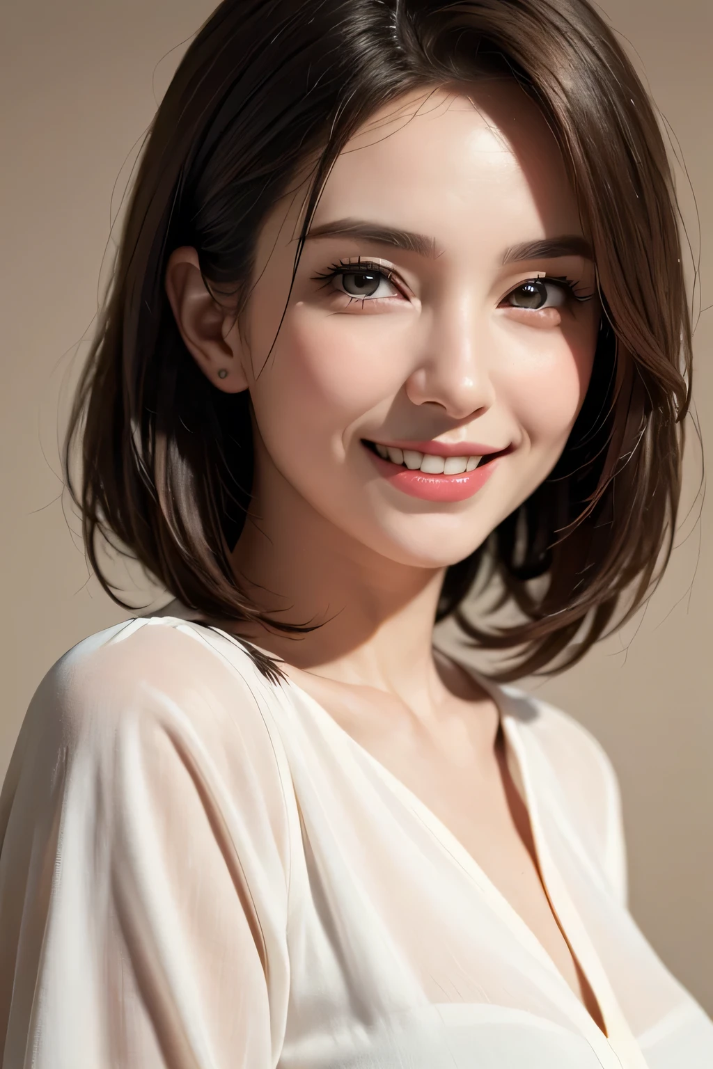 ((masterpiece)), ((Highest quality)), ((Complex)), ((Surreal)), (Realistic), (Mature Woman), ((There are no classes)), Very detailed, (1 female), Beautiful and exquisite, (Beautiful Teeth), Grin, Brunette bob hair, Brown eyes, ((blouse)), (Upper Body), (background:none), Perfect Eyes, Captivating eyes, Looking at the audience