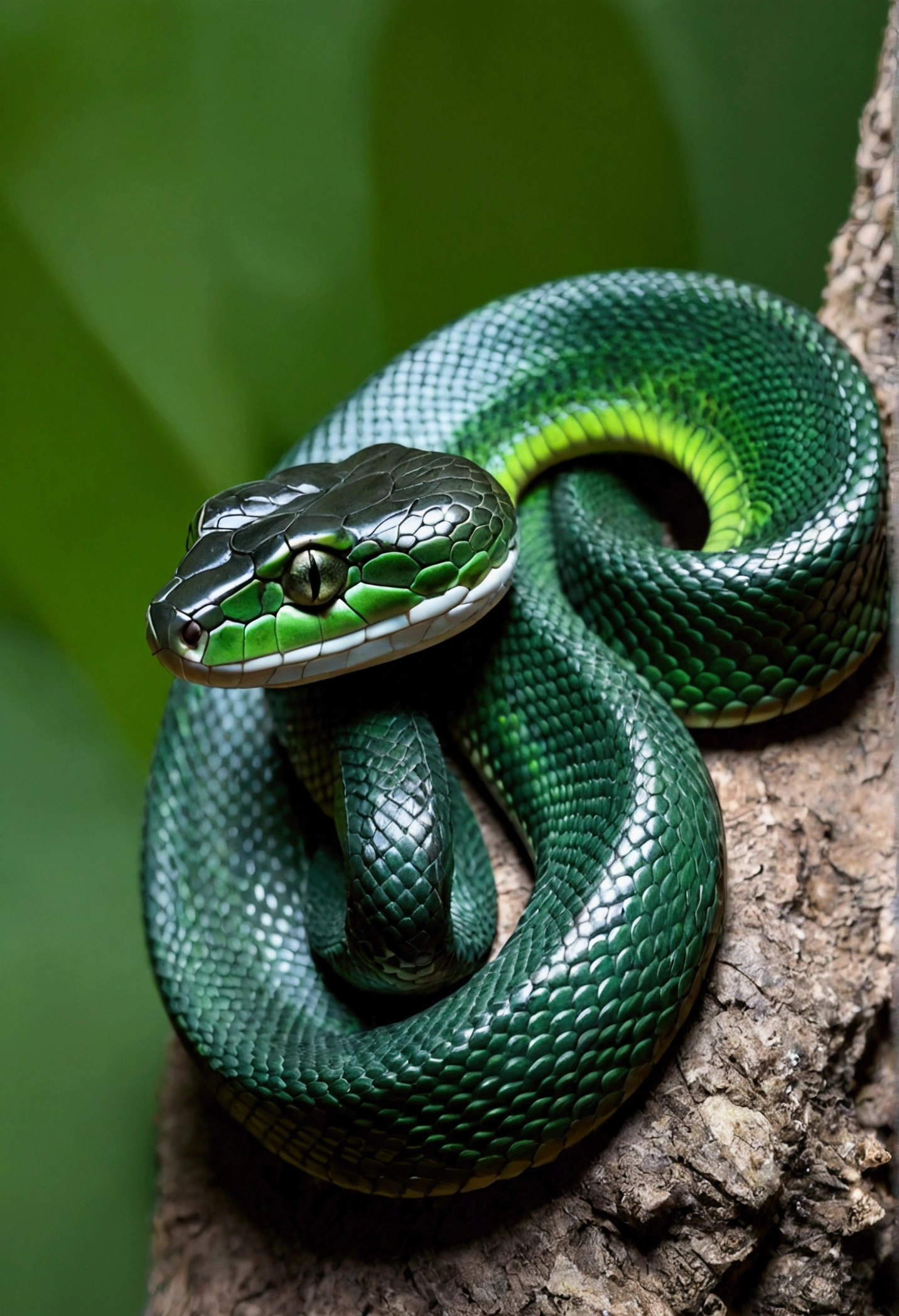 A curled Dark green snake , we are looking from side
