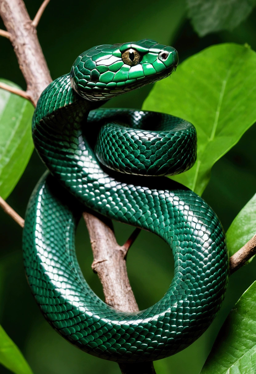 A curled Dark green snake , we are looking from side