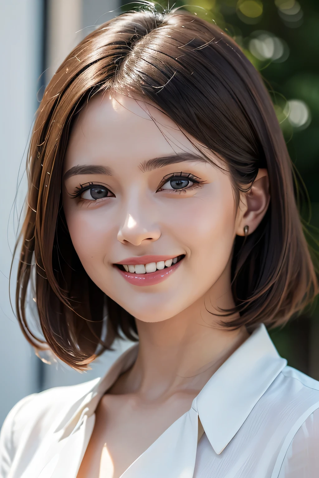 ((masterpiece)), ((Highest quality)), ((Complex)), ((Surreal)), (Realistic), (Mature Woman), ((There are no classes)), Very detailed, (1 female), Beautiful and exquisite, (Beautiful Teeth), Grin, Brunette bob hair, Brown eyes, ((blouse)), (Upper Body), (background:none), Perfect Eyes, Captivating eyes, Looking at the audience