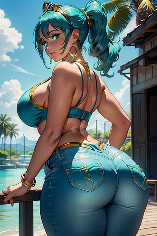 Best quality, solo young girl, giant breasts, giant ass, very curvy, ((voluptuous figure)), low ponytail curled at the ends, aqua green eyes, full lips, seductive, smiling, turquoise frilly slevee top, tiara, tight jeans, jeans shorts, sun necklace, sun earring, gold bracelets, royal princess, thick thighs, curvy physique,