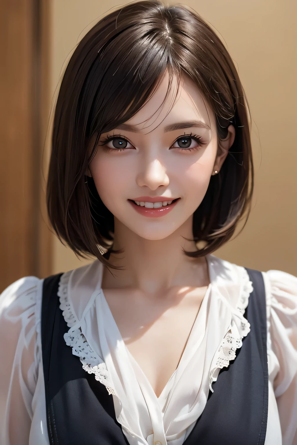 ((masterpiece)), ((Highest quality)), ((Complex)), ((Surreal)), (Realistic), (Mature Woman), ((There are no classes)), Very detailed, (1 female), Beautiful and exquisite, (Beautiful Teeth), Grin, Brunette bob hair, Brown eyes, ((blouse)), (Upper Body), (background:none), Perfect Eyes, Captivating eyes, Looking at the audience