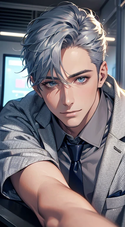(Highest quality,4K,8K,High resolution,masterpiece:1.2),Super detailed,(Realistic,photoRealistic,photo-Realistic:1.37),1 person,31 years old,Mature Men,Beautiful skin, very handsome,Expressionless,smile in love,Short gray blue hair,blue eyes,Sharp Eyes,A perfect face without a doubt,Businessman, CEO,Office Background,Cinema Lighting,HDR image,tie、