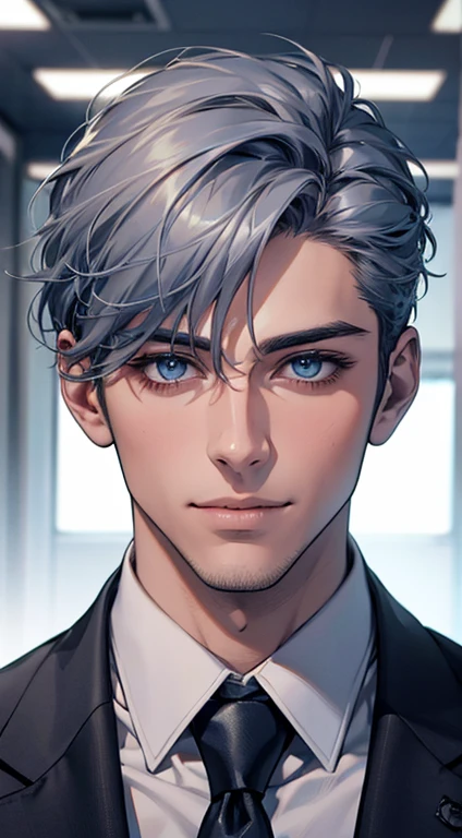 (Highest quality,4K,8K,High resolution,masterpiece:1.2),Super detailed,(Realistic,photoRealistic,photo-Realistic:1.37),1 person,31 years old,Mature Men,Beautiful skin, very handsome,Expressionless,smile in love,Short gray blue hair,blue eyes,Sharp Eyes,A perfect face without a doubt,Businessman, CEO,Office Background,Cinema Lighting,HDR image,tie、