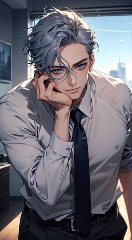 (Highest quality,4K,8K,High resolution,masterpiece:1.2),Super detailed,(Realistic,photoRealistic,photo-Realistic:1.37),1 person,31 years old,Mature Men,Beautiful skin, very handsome,Expressionless,smile in love,Short gray blue hair,blue eyes,Sharp Eyes,A perfect face without a doubt,Businessman, CEO,Office Background,Cinema Lighting,HDR image,tie、