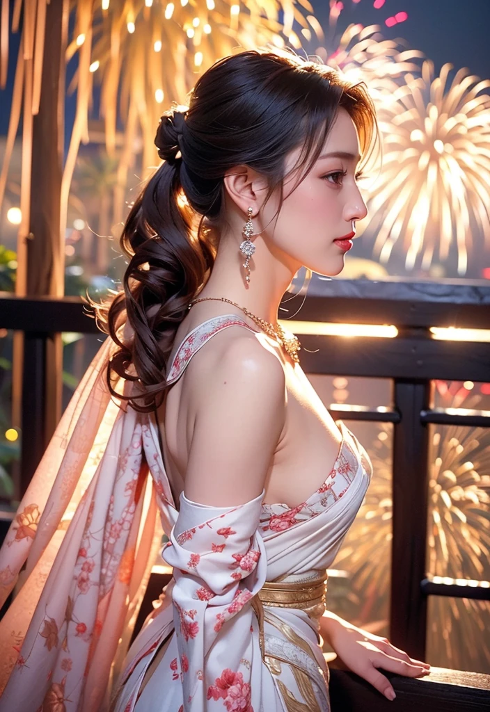 (On the veranda of a traditional Japanese house)、masterpiece、light makeup、Red lips、Beautiful Hair、(Medium Hair:1.3)、elegant、Very delicate detailasterpiece、Authentic texture、Cinematic Lighting Realism、Perfect job、16K、High resolution、exquisite features、Brown eyes、(超High resolutionの目:1. 1)、Japanese Idols、Beautiful Face、(Gentle smile like a goddess)、Charm、Shapely breasts、Beautiful valley、Shiny skin、((Nude side slit floral dress:1. 3))、break、big, crisp eyes、Smooth Skin、Earrings、necklace、Standing posture、(Ground shot:1.2)、(Sit on the balcony corridor)、(A beautiful girl watching multiple fireworks sparkling in the night sky from the balcony)、(A collaboration of large and small fireworks that illuminate the surroundings)、((Back view of people watching fireworks。The gaze is not on the camera、Suitable for outdoor fireworks)),((Look up and see far away))