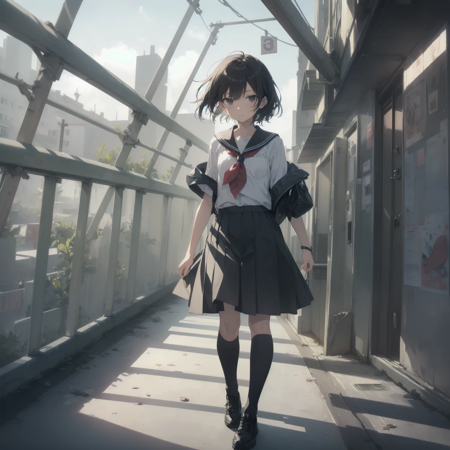 ultra-absurdres-Top quality by artist God, ultra-detailed, high resolution, anime moe artstyle, best anime 8k konachan wallpaper, pixiv contest winner, pool:2810, perfect anatomy,break, 1girl, (Please draw a girl walking sleepily to school alone. )break,(Solo,little female, 13-year-old:1.3),Full limbs, complete fingers,a junior high school student, (very short hair), short cut, flat chest, , small butt, small black eyes, beautiful detailed eyes, well-proportioned iris and pupils, expressive eyes, highres detailed hair, soft expression, salor school_uniform, sailor collar, serahuku, bow, pleated skirt,(Detailed Lighting), (Detailed background), in the School commute route. break,super detailed skin, Best cinematic lighting powered by famous artist, 8k,beauty illustration,photoshop_(medium),very aesthetic,break,((artist:kotorai )), artist:clamp ,artist:carnelian ,artist:kantoku ,