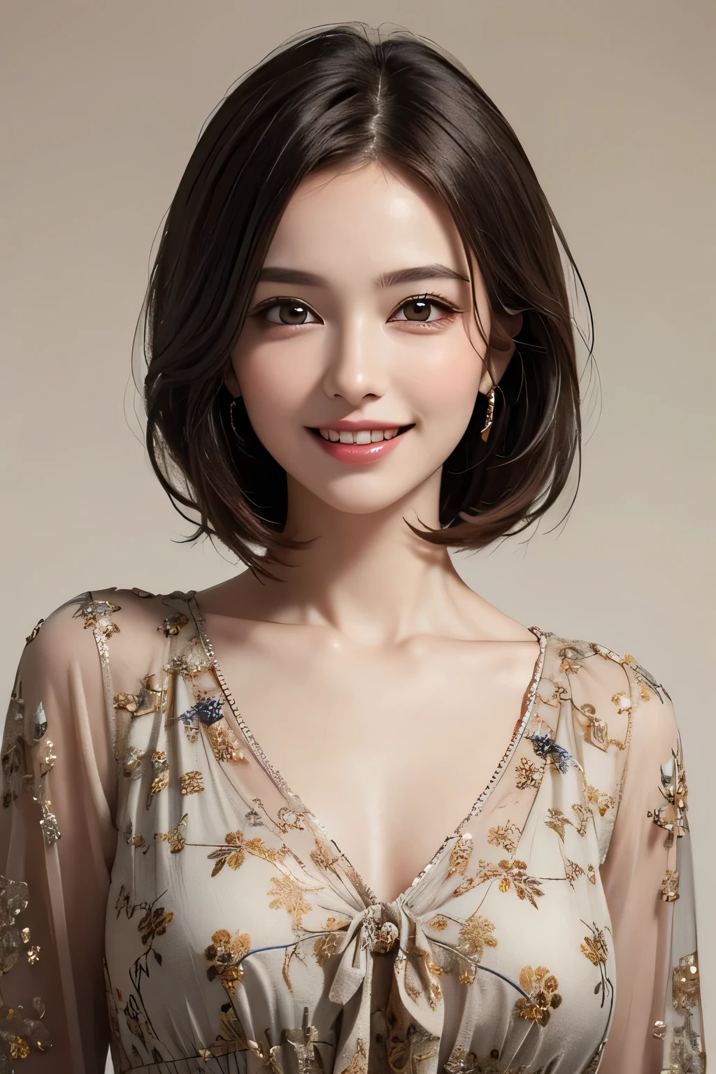 ((masterpiece)), ((Highest quality)), ((Complex)), ((Surreal)), (Realistic), (Mature Woman), ((There are no classes)), Very detailed, (1 female), Beautiful and exquisite, (Beautiful Teeth), Grin, Brunette bob hair, Brown eyes, ((blouse)), (Upper Body), (background:none), Perfect Eyes, Captivating eyes, Looking at the audience