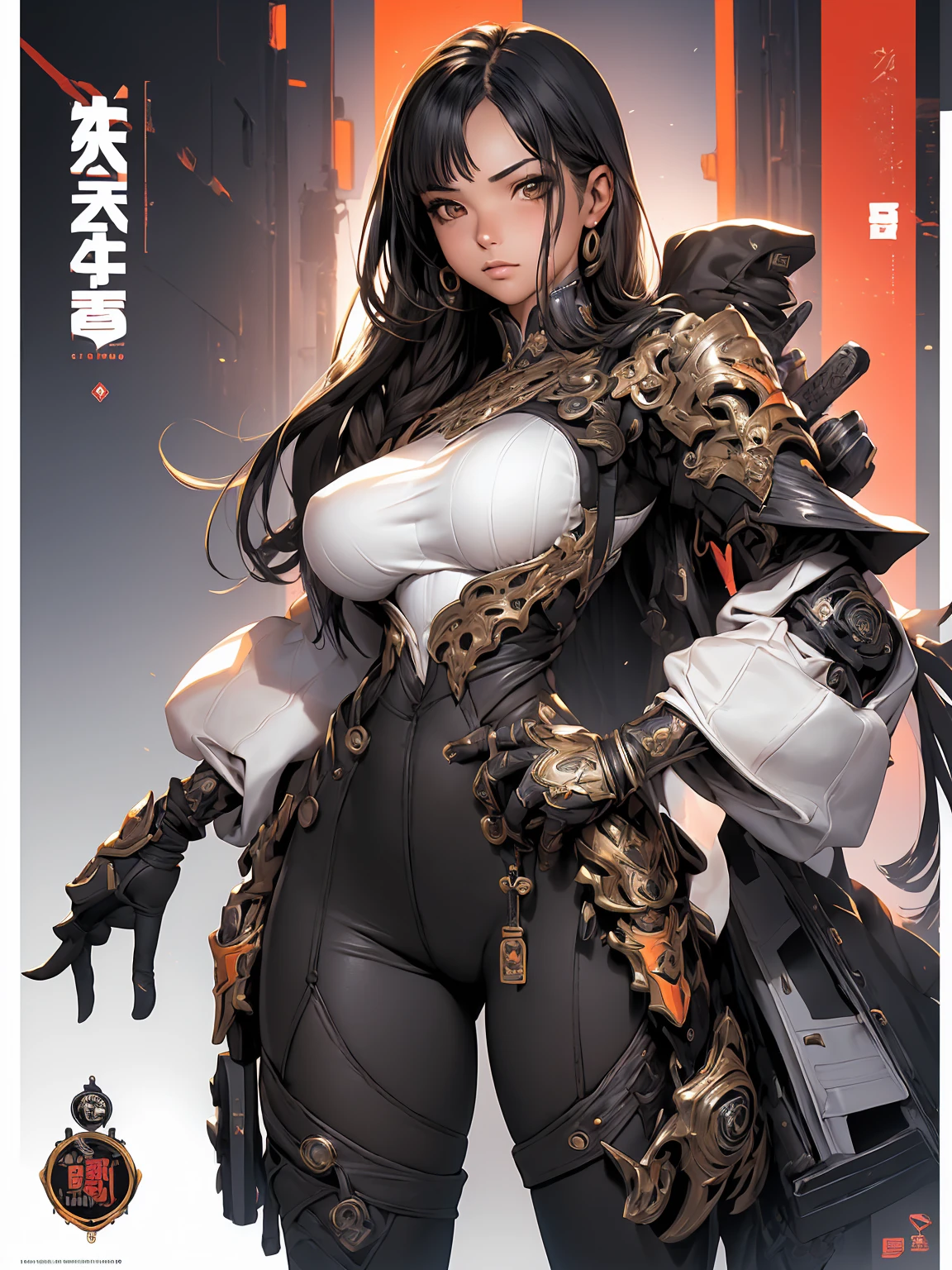 (((best final quality))), (((long black hair with straight bangs))), (((koreanDollLikeness))), ssmile(((standing alone:1.2))),(((1 girl:1.2))),((((beautiful perfect woman)))),(((perfectbody detalhado, perfect finger detailed))),((((((final film poster)))))),(((to burst, close up))),((((detailed complicated machine)))),(((((mechanical genius))))),(((American comics))),(((extreme highlights))),(((extremely colorful, primary colours))),neckleace, super beautiful lady,(((Typography))),text, (Unbeatable masterpiece), (hiper HD),(CG 8k hyper-realistic), (((brave face))), (((breasts big))), (((hyper feminine))), (((musclegirl))), sexly girl, king of fighter,(straight hair with thin braids)), ((( sculptural body ))), (((1 girl))), garota de 25 anos com perfectbody,,Beautiful and well-groomed face,muscular body:1.2,solid color detailed jacket, (Head to thigh photos), Complex equipment, (((standing alone))), pirralha violent, (((14歳))), sexly, pose de atitude, work of art, post-apocalypse, (((manga style))), bounty hunter, violent, Manic, the way you want, slenderbody, thin but strong, perfectbody, roupa moderna, advanced technology, neon, sleeves with vertical striped pattern, intricate background, (( cowboy shot )). intricate visual