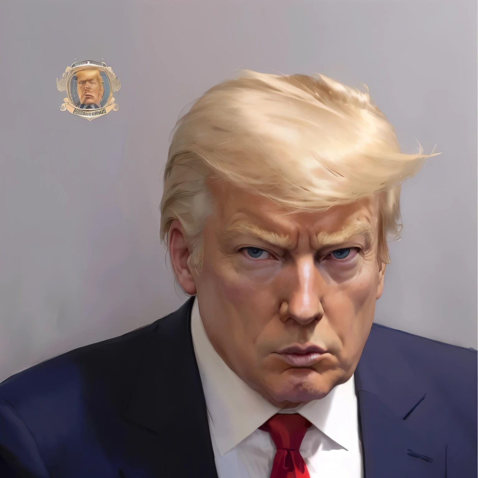 arafed image of a man in a suit and tie with a fake face, donald trump mugshot, donald trump in jail, donald trump in prison, photo of donald trump, president donald trump, donald trump, portrait of trump, donald trump's face, donald trumps sexy face, portrait of donald trump, donald trump as baron harkonnen