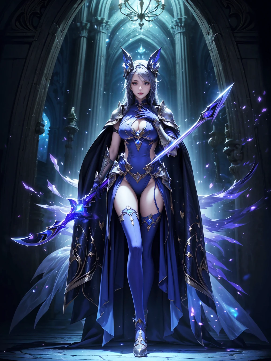 (((masterpiece, best quality, high detailed, 8k))) Design a layout showcase Gaming character, (1girl). Purple|Silver full body armor, stylish and unique. ((showcase weapon:1.4)), magical orb. (masterpiece:1.2), (best quality), 4k, ultra-detailed. (Step by step design, layout art:1.5), (luminous lighting, atmospheric lighting). sorceress, ((glove full hands)), (((revealing clothes:1.3))), vambraces, armored legwear, (((full_body_shot:1.4))). {In an enchanted castle}.