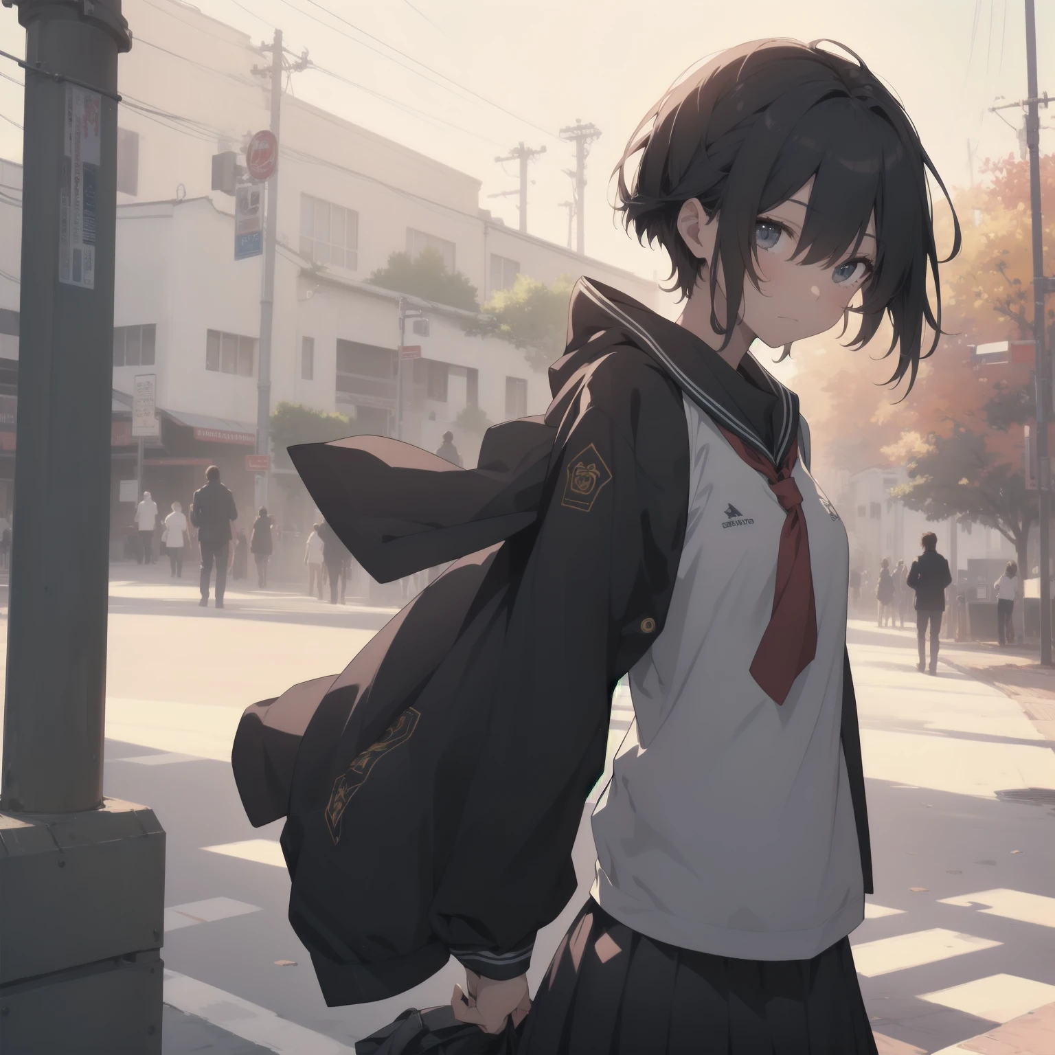ultra-absurdres-Top quality by artist God, ultra-detailed, high resolution, anime moe artstyle, best anime 8k konachan wallpaper, pixiv contest winner, pool:2810, perfect anatomy,break, 1girl, (Please draw a girl walking sleepily to school alone. )break,(Solo,little female, 13-year-old:1.3),Full limbs, complete fingers,a junior high school student, (very short hair), short cut, flat chest, , small butt, small black eyes, beautiful detailed eyes, well-proportioned iris and pupils, expressive eyes, highres detailed hair, soft expression, salor school_uniform, sailor collar, serahuku, bow, pleated skirt,(Detailed Lighting), (Detailed background), in the School commute route. break,super detailed skin, Best cinematic lighting powered by famous artist, 8k,beauty illustration,photoshop_(medium),very aesthetic,break,((artist:kotorai )), artist:clamp ,artist:carnelian ,artist:kantoku ,
