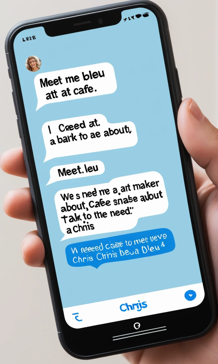 make a conversation phone text with an unknow number. The message says: Meet me at Café Bleu at 4 PM. We need to talk about Chris.