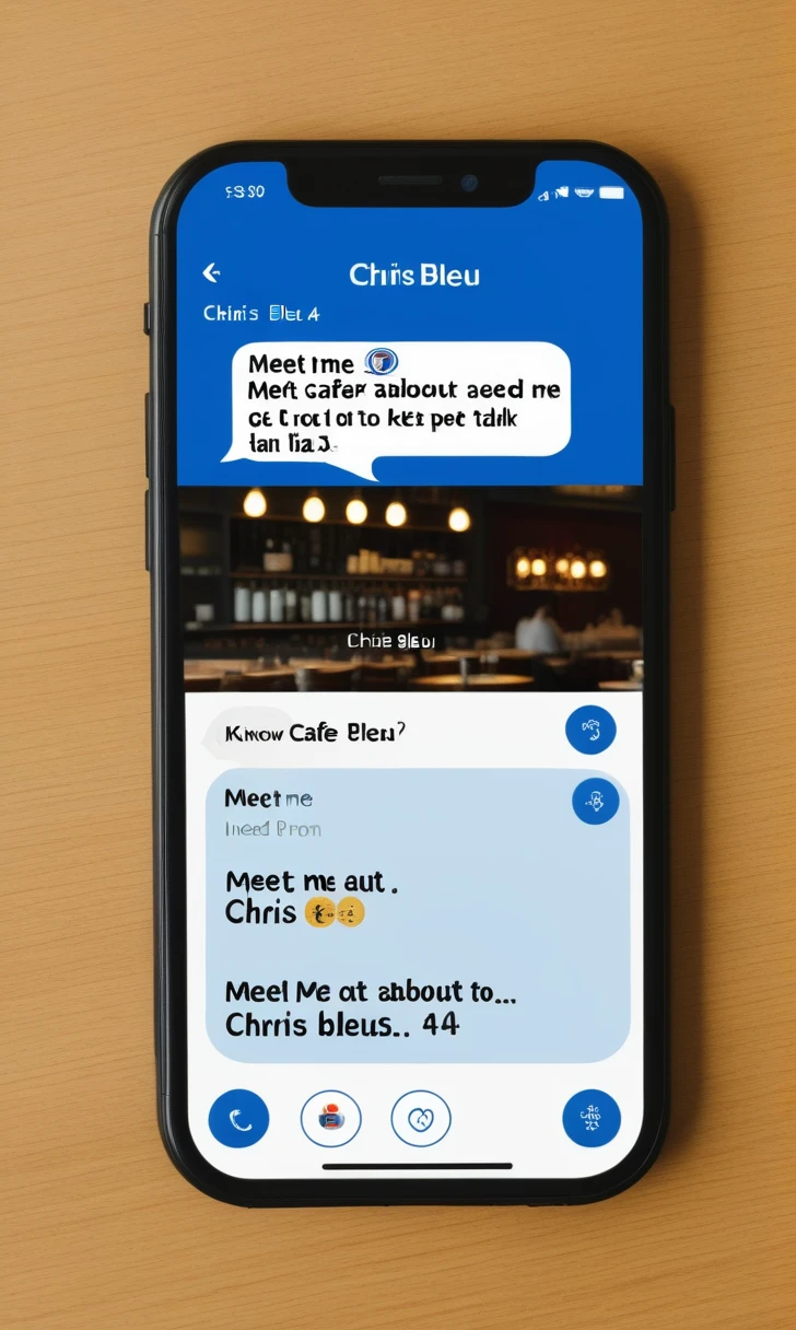 make a conversation phone text with an unknow number. The message says: Meet me at Café Bleu at 4 PM. We need to talk about Chris.