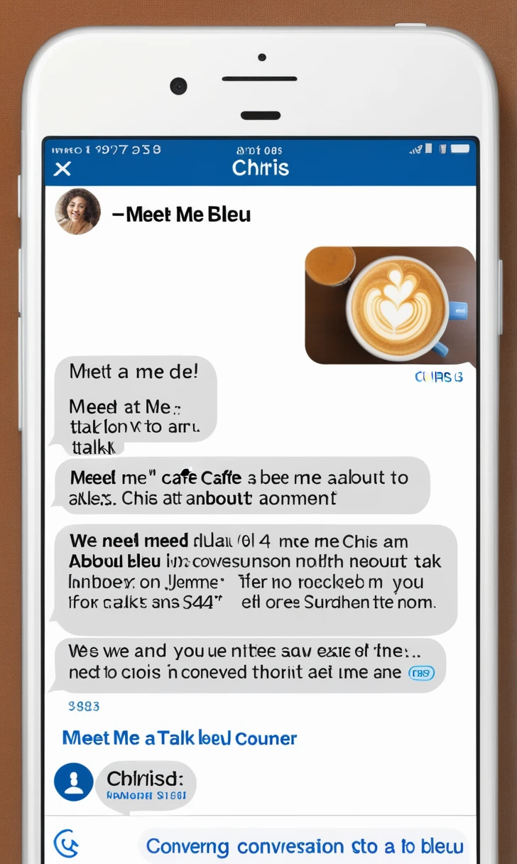 make a conversation phone text with an unknow number. The message says: Meet me at Café Bleu at 4 PM. We need to talk about Chris.