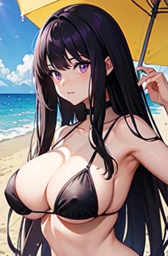 Check it out, Long Hair, bangs, Black Hair, (Purple eyes:1.2), bikini, Beach,Big Breasts