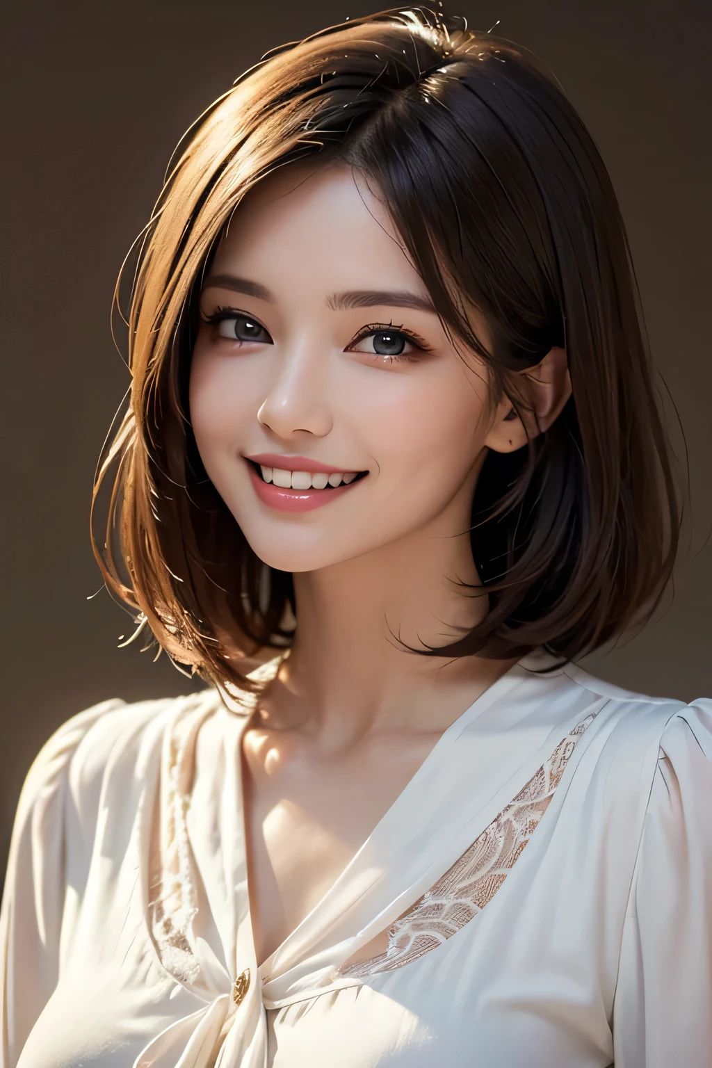 ((masterpiece)), ((Highest quality)), ((Complex)), ((Surreal)), (Realistic), (Mature Woman), ((There are no classes)), Very detailed, (1 female), Beautiful and exquisite, (Beautiful Teeth), Grin, Brunette bob hair, Brown eyes, ((blouse)), (Upper Body), (background:none), Perfect Eyes, Captivating eyes, Looking at the audience