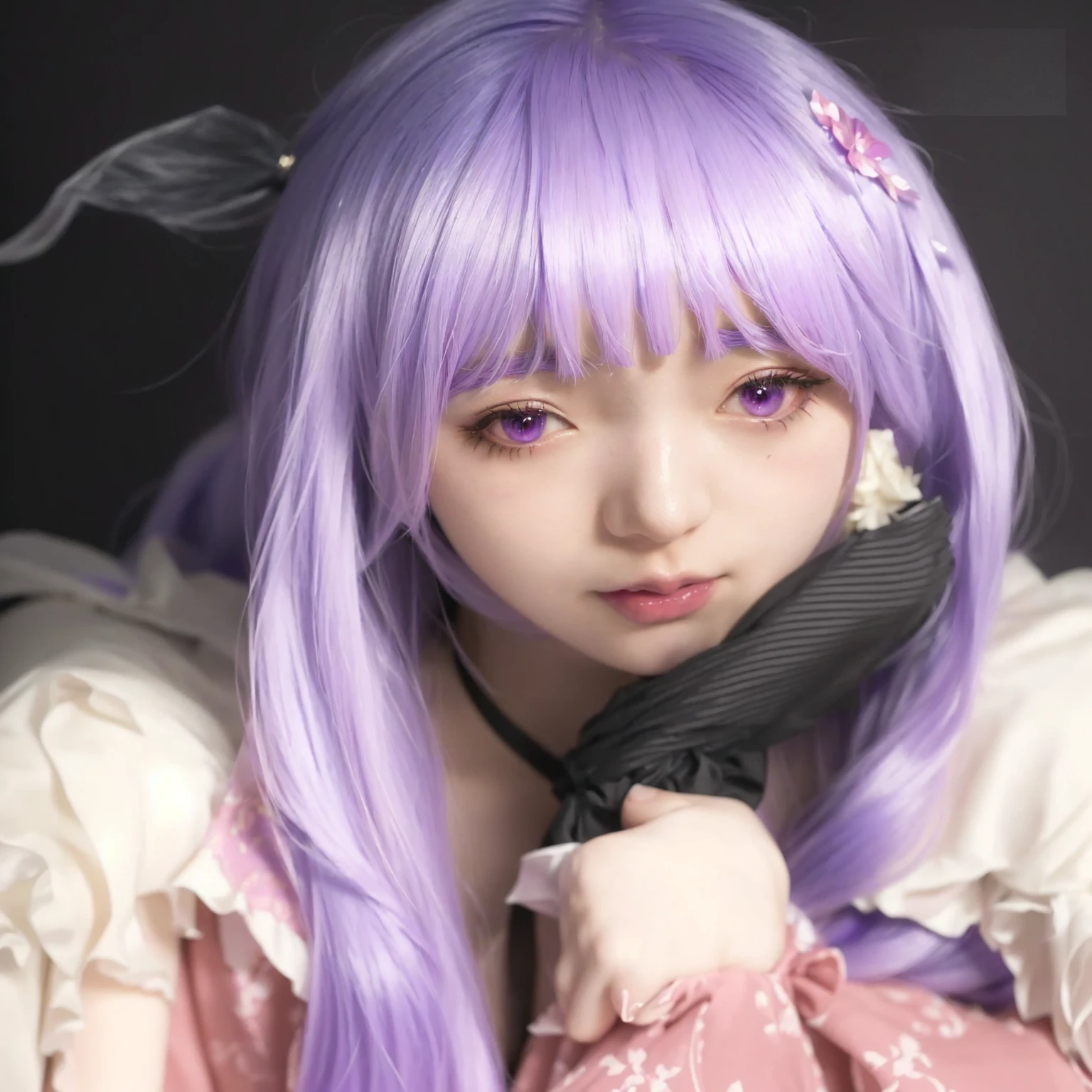 arafed girl with purple hair and a pink dress posing for a picture, anime cosplay, anime girl cosplay, ayaka cosplay, belle delphine, anime girl in real life, cosplayer, ahegao face, shikamimi, ahegao, chiho, anime style mixed with fujifilm, lalisa manobal, as an anime character, misato katsuragi