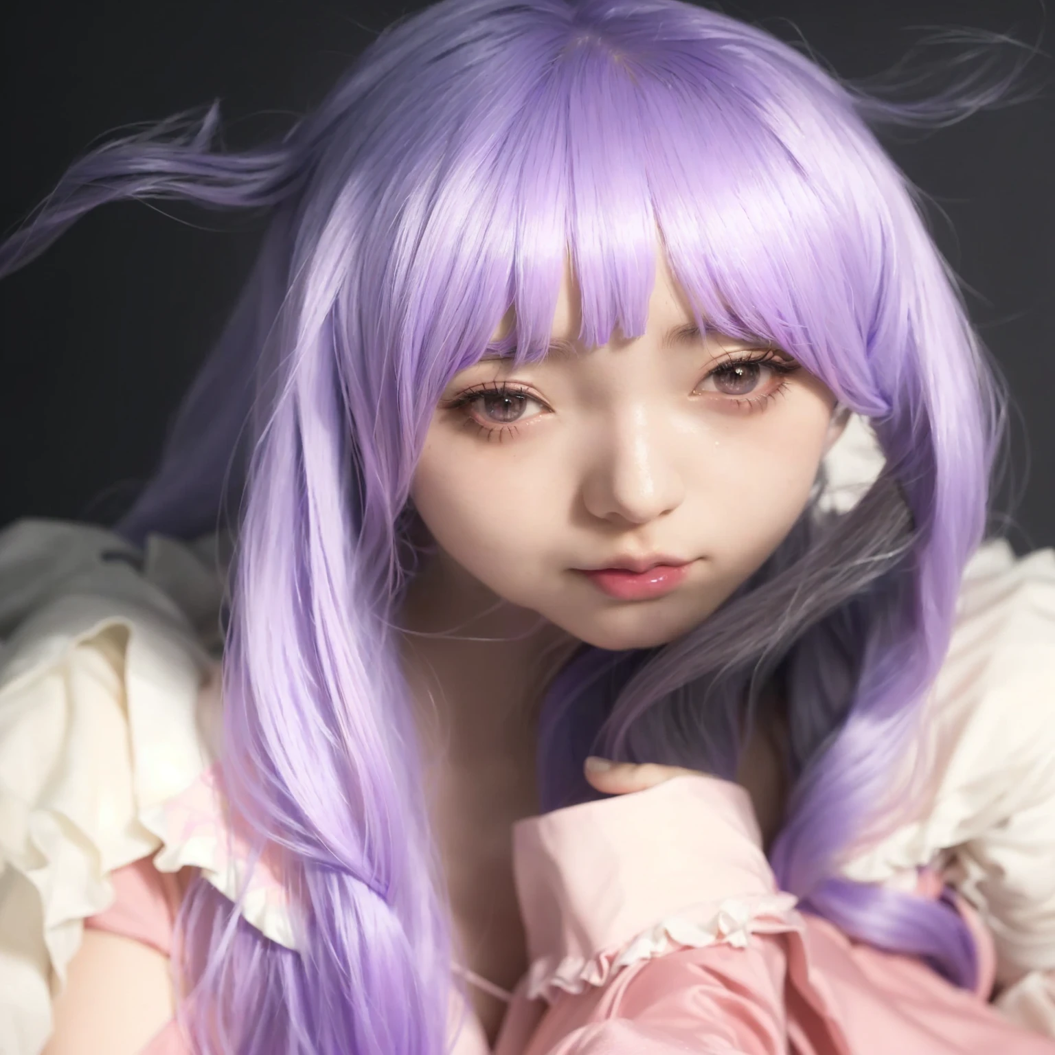 arafed girl with purple hair and a pink dress posing for a picture, anime cosplay, anime girl cosplay, ayaka cosplay, belle delphine, anime girl in real life, cosplayer, ahegao face, shikamimi, ahegao, chiho, anime style mixed with fujifilm, lalisa manobal, as an anime character, misato katsuragi