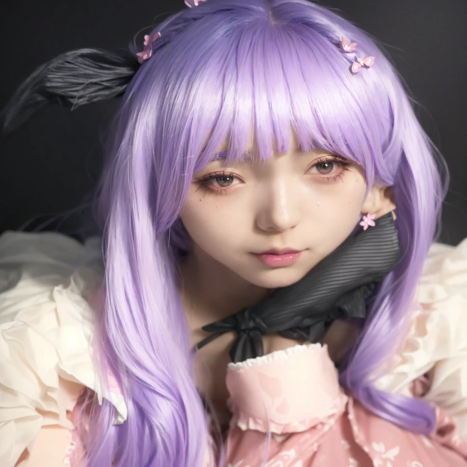 arafed girl with purple hair and a pink dress posing for a picture, anime cosplay, anime girl cosplay, ayaka cosplay, belle delphine, anime girl in real life, cosplayer, ahegao face, shikamimi, ahegao, chiho, anime style mixed with fujifilm, lalisa manobal, as an anime character, misato katsuragi