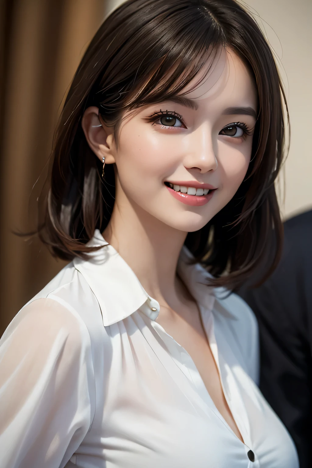 ((masterpiece)), ((Highest quality)), ((Complex)), ((Surreal)), (Realistic), (Mature Woman), ((There are no classes)), Very detailed, (1 female), Beautiful and exquisite, (Beautiful Teeth), Grin, Brunette bob hair, Brown eyes, ((blouse)), (Upper Body), (background:none), Perfect Eyes, Captivating eyes, Looking at the audience