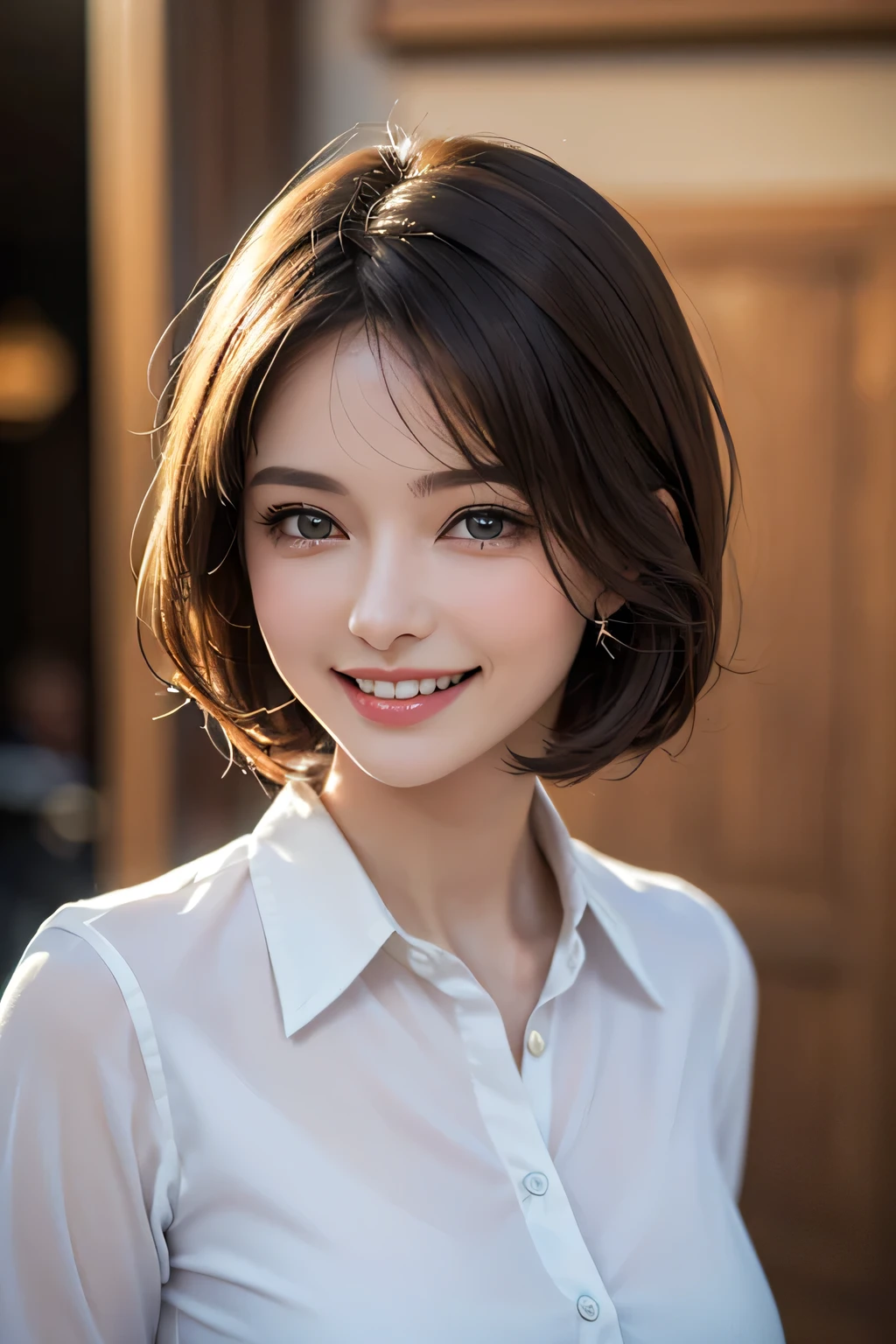 ((masterpiece)), ((Highest quality)), ((Complex)), ((Surreal)), (Realistic), (Mature Woman), ((There are no classes)), Very detailed, (1 female), Beautiful and exquisite, (Beautiful Teeth), Grin, Brunette bob hair, Brown eyes, ((blouse)), (Upper Body), (background:none), Perfect Eyes, Captivating eyes, Looking at the audience