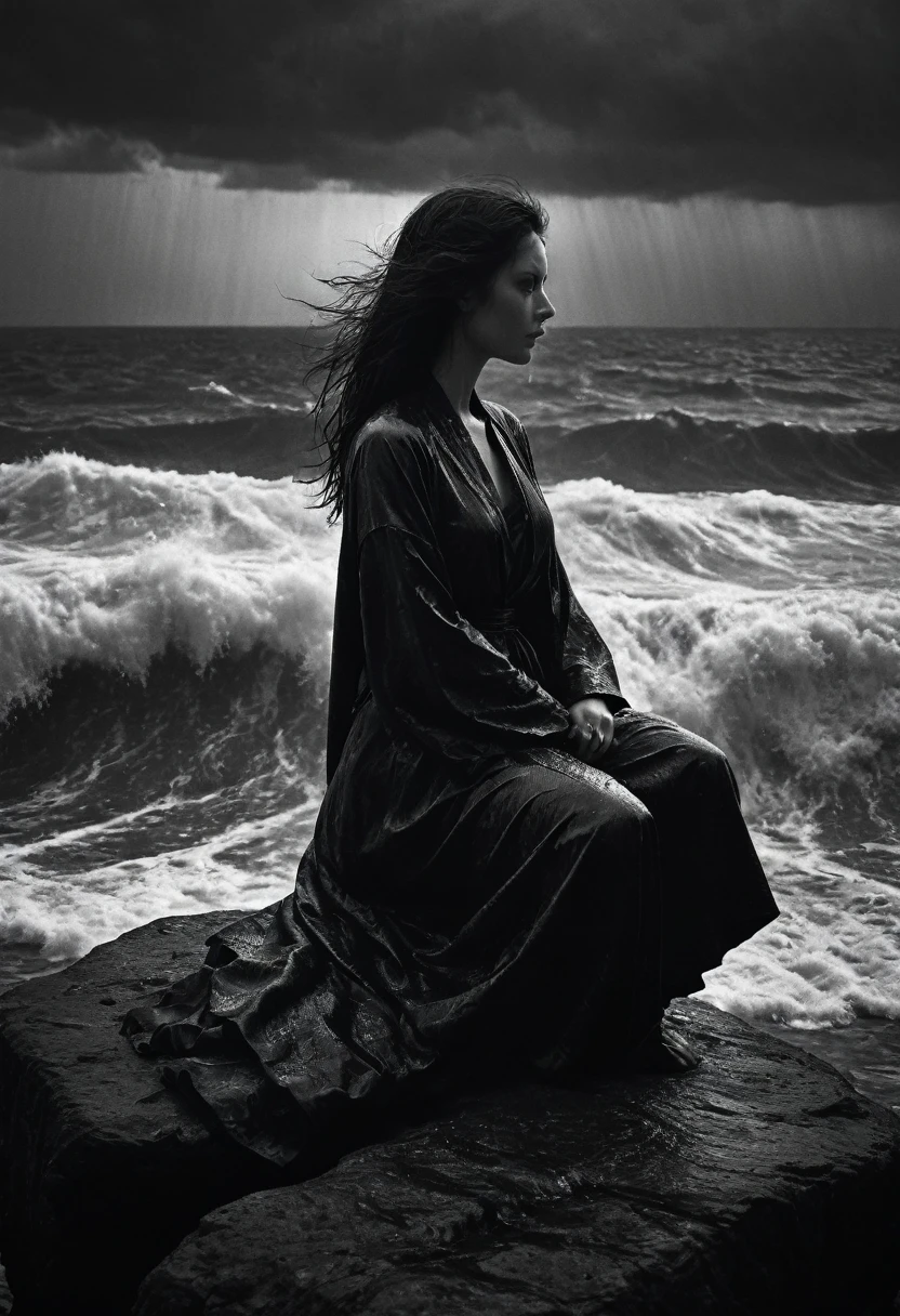 Black and white photo with dramatic effect. Raining. Storm. A beautiful lady in dark robe sitting atop a rock in the middle of a sea, facing straight to the camera. Her robe and her hair are wet and soaked. The wind is strong, her black hair and her long tattered robe are fluttering in the wind direction. . The sky is dark and stormy. The sea are raging. The rain pours hard. Wave crashing to the rock she is seated on. too dark, chiaroscuro, low-key Dark Ambient Dark Fantasy. Best quality, relief, dark gothic, conceptual art, Psychedelic, post-apocalyptic, ominous, thin flowing lines, Anything, + 36.5mm f0 cinematic quality, + Peter style Elson, Alexey Maleev, Ryohei Hase, Rafael Sanzio, Pino Daeni, Charlie Bowett, Albert Joseph Penaud, Ray Caesar,