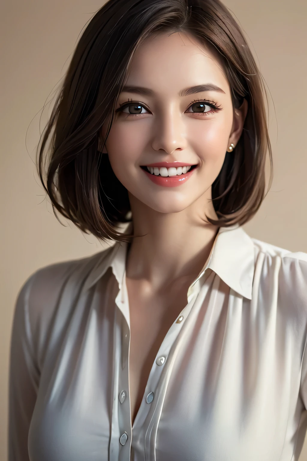 ((masterpiece)), ((Highest quality)), ((Complex)), ((Surreal)), (Realistic), (Mature Woman), ((There are no classes)), Very detailed, (1 female), Beautiful and exquisite, (Beautiful Teeth), Grin, Brunette bob hair, Brown eyes, ((blouse)), (Upper Body), (background:none), Perfect Eyes, Captivating eyes, Looking at the audience