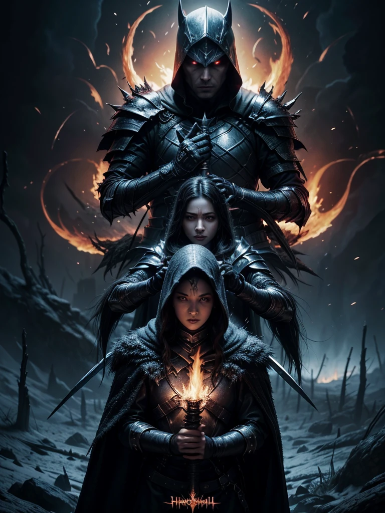 heavy metal album cover.  wielding swords. hielo versus fire. a single hooded dark knight. sinister forest. gloria. fire. good and evil. mutar fire. chosen one. unique. open sky.