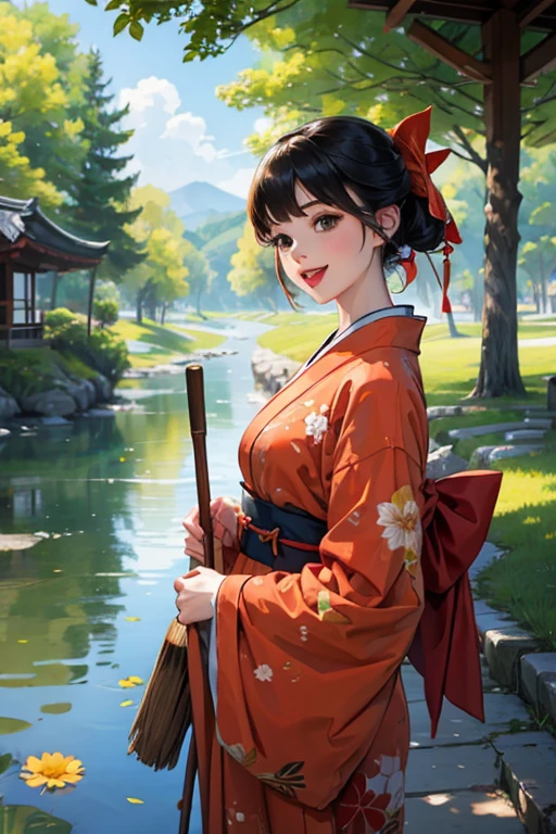 1girl, solo, , looking at viewer, smile, short hair, open mouth, bangs, black hair, bow, ribbon, holding, brown eyes, standing, hair ribbon, :d, hair bow, sidelocks, outdoors, japanese clothes, day, wide sleeves, kimono, water, arm up, red bow, from side, tree, sash, bird, obi, floral print, sunlight, broom, red kimono, holding broom, chicken, pond