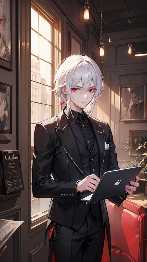 A handsome 24 year old man with white hair and red eyes, working on a laptop in a cafe, detailed portrait, realistic, photorealistic, 8K, cinematic lighting, intricate details, chiaroscuro, dramatic colors, moody atmosphere, elegant, sophisticated
