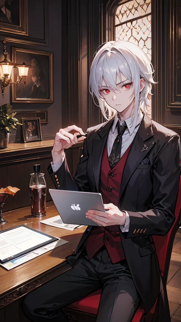 A handsome 24 year old man with white hair and red eyes, working on a laptop in a cafe, detailed portrait, realistic, photorealistic, 8K, cinematic lighting, intricate details, chiaroscuro, dramatic colors, moody atmosphere, elegant, sophisticated