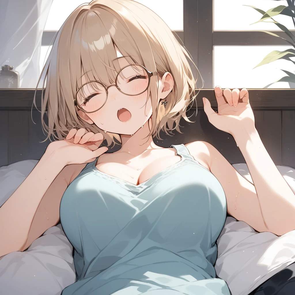 score_9, score_8_up, score_7_up, source_anime, best quality, masterpiece, official art, absurdres, highres, ultra-detailed,waifu2x,Collection: Slice of Life,break,1girl, short hair, tank top, glasses, cleavage, large breasts, beautiful detailed eyes, sweat,yawn, sleepily, indoors, bed, break,(clear line illustration:1.2), super detailed skin,very high resolution, very aesthetic, Best sexual lighting powered by famous artist, 8k,cute picture,beauty illustration,photoshop_(medium),,(Detailed Lighting),best anime 8k konachan wallpaper, pixiv contest winner,