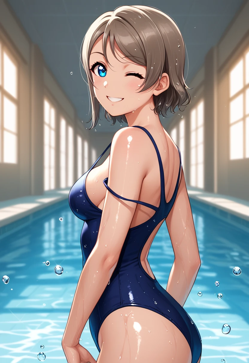 (Masterpiece), 8k wallpaper, solo, Watanabe you, standing, facing viewer,school hallway, sideboob,one-piece swimsuit,low cut at hips, blue eyes, beautiful detailed face and eyes, half body inside pool , looking away,wet, (shiny water drops:1.2), smile ,strap slip, adjusting,wink